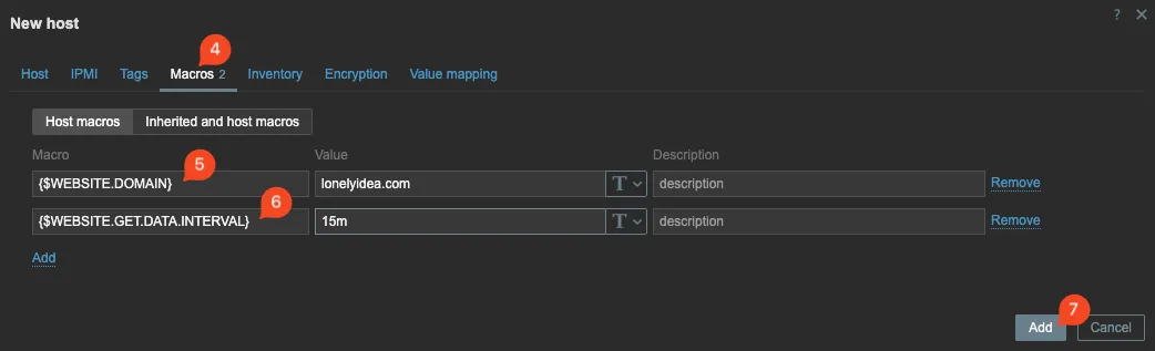 Adding new macros for website monitoring in Zabbix